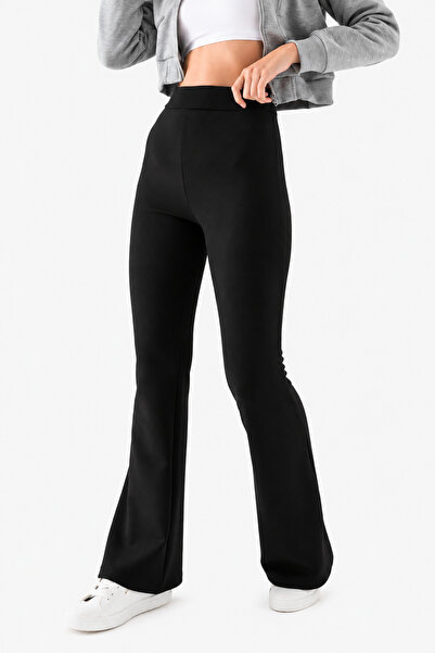 LEBRA Pantaloni negri pentru femei evazat Crepe Y talie înaltă L material ela...