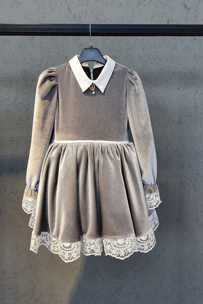 SCSTİL Girl's Gray Lace Velvet Dress