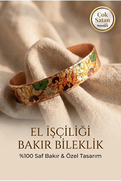 Erol Bakır Bakır Vintage Ayçiçeği Desenli Ayarlanabilir Kelepçe Bileklik