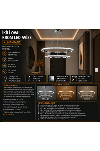 mubeda aydınlatma İkili Oval Krom LED Avize - 3 Renk Aydınlatma (KUMANDASIZ)