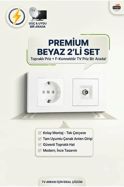 Senipa Grano Beyaz 2'li Set: Topraklı Priz ve F Konnektör Uydu Priz Seti
