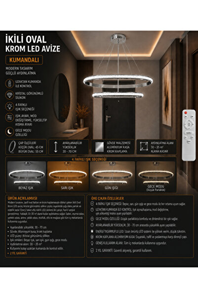 İkili Oval Krom LED Avize - 4 Renk Aydınlatma Seçeneği (KUMANDALI)