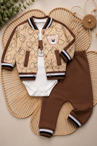 MYZİ STORE Baby Boy Teddy Bear Patterned 3-Piece Set with College Jacket, Sna...