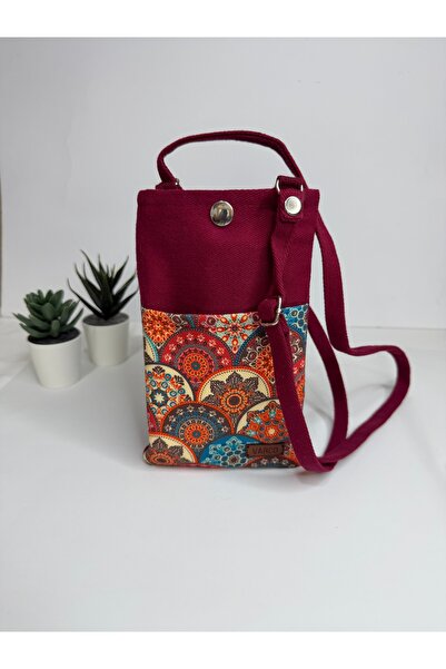AKSESUARSEPETİ Handmade Phone Bag with Pockets, Ethnic Pattern, Adjustable Strap