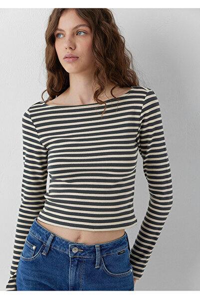 Mavi Kayık Yaka Anthracite Striped T-Shirt Fitted / Bodycon Cut 1613334-91377