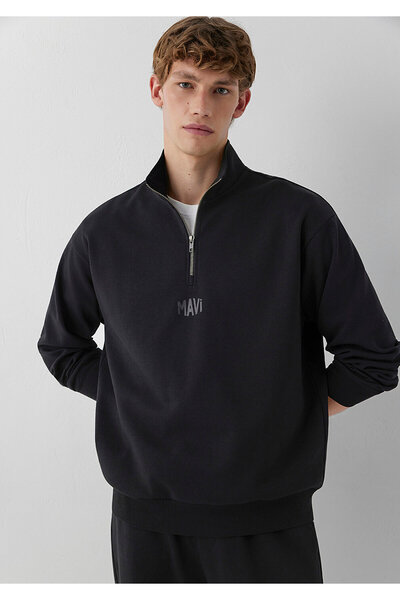 Mavi Logo Baskılı Yarı Fermuarlı Siyah Sweatshirt 0S10681-900