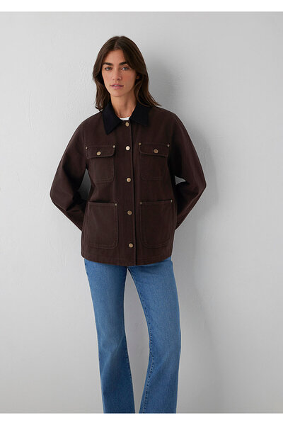 Mavi Yaka Detaylı Kahverengi Ceket Loose Fit / Bol Rahat Kesim 1110909-89103