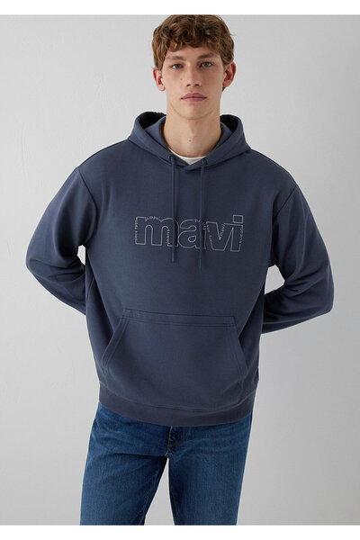 Mavi M0S10196 Logo Printed Hooded Men's Sweatshirt Smoked