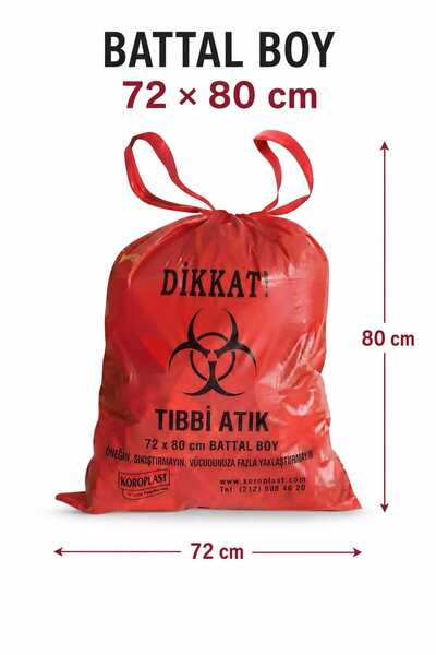 Koroplast Tıbbi Atık Çöp Torbası Battal Boy 72x80 cm Kırmızı Büzgülü 10x10