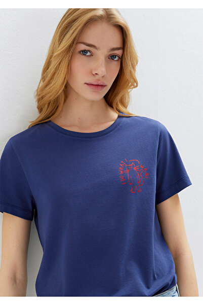 Mavi Marineblaues T-Shirt mit Katzen-Print, Semi Slim Fit / Halbschmal geschn...
