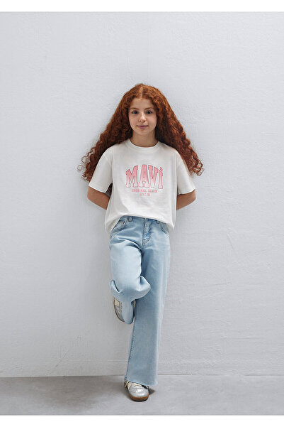 Mavi Logo Printed Ecru T-Shirt Loose Fit / Comfortable Loose Cut 7610386-70057