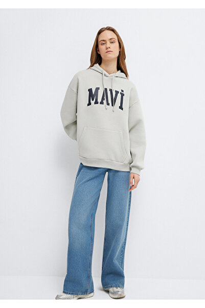 Mavi Logo Baskılı Kapüşonlu Gri Sweatshirt 1600361-34322