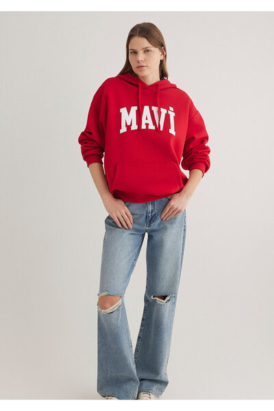 Mavi Logo Baskılı Kapüşonlu Kırmızı Sweatshirt 1600361-86417