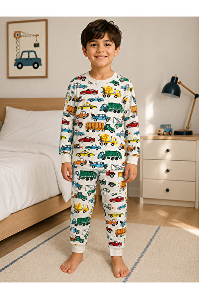 Fil Kids Boy's 100% Cotton White Color Truck Tow Truck Taxi Patterned Long Sl...