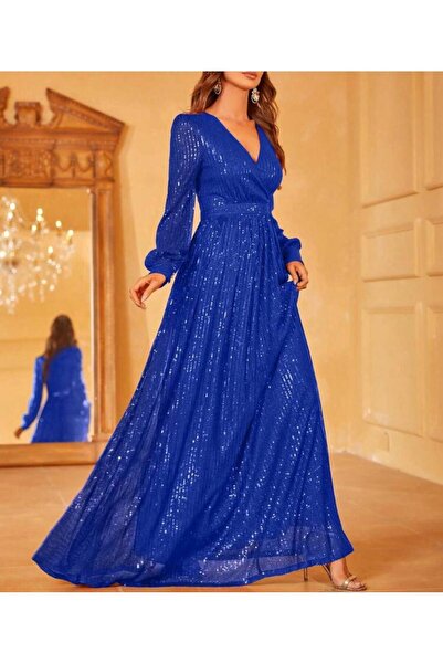 Styling Park V-Neck Sequined Long Maxi Evening Dress
