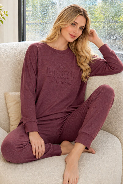 ELİTOL Mürdüm Book gemustertes Kaschmir-Pyjama-Set