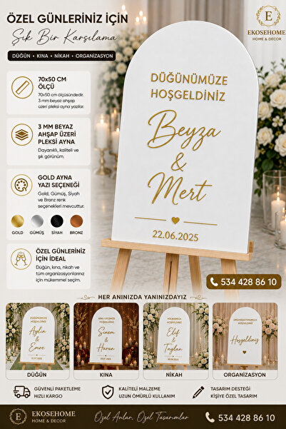 Dream glass Beyaz Ahşap & Gold pleksi Düğün & Nişan Karşılama Panosu