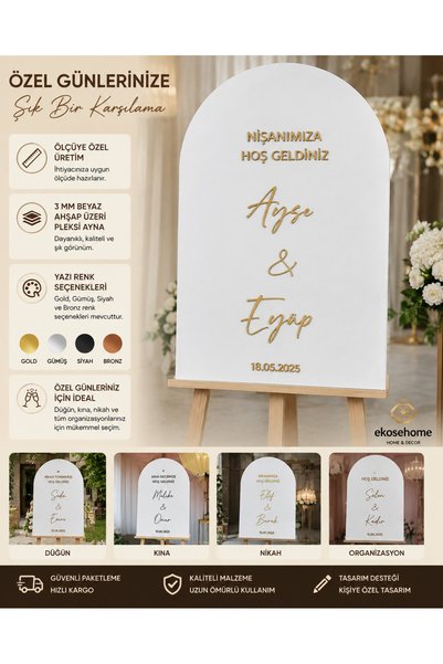 EKOSEHOME Kişiye Özel Beyaz Ahşap & Gold Pleksi Düğün & Nişan Karşılama Panosu Farklı Ebatlar