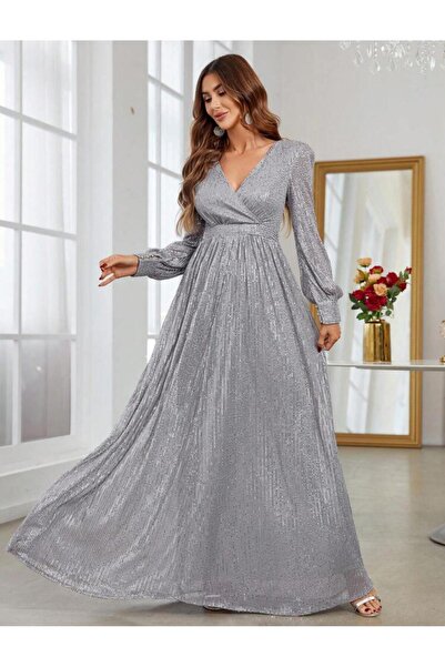 Styling Park Pul Payet V Yaka Uzun Kol Maxi Abiye Elbise