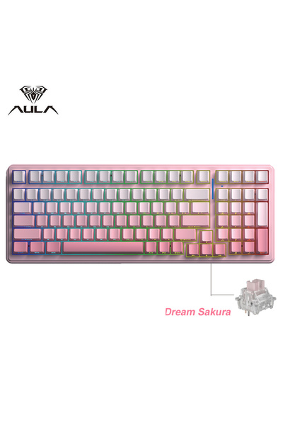 Aula Pink Gradient F99 Gaming Mechanical Keyboard Three Mode 2.4g Wireless Bl...