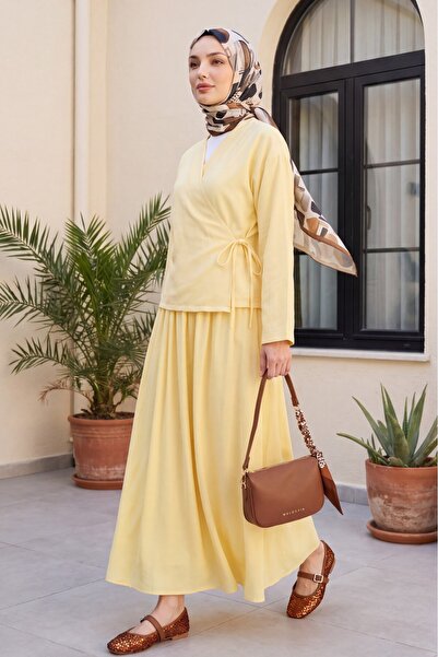 Modamorfo Linen Look Suit with Side Tie Skirt - Light Yellow