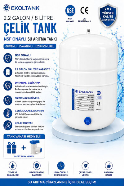 AQUA BELLA Ekol Tank 2,2 Galon 8 LT NSF Onaylı Çelik Tank