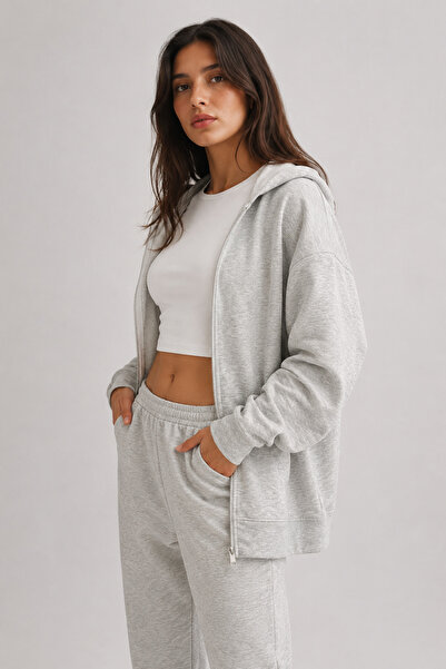olleo studio Women's Gray Melange Hooded Oversize Modal Fabric Soft Touch Zip...