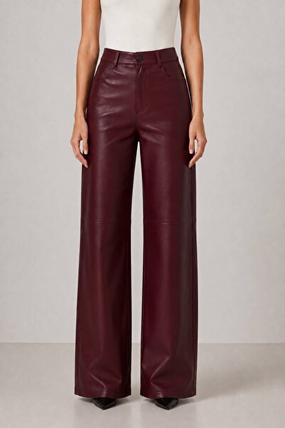 Grenj Fashion Burgundy Relaxed Pipe Leg Leather Trousers with Stitching Detail