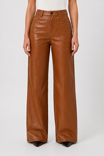 Grenj Fashion Tan opuštene kožne pantalone sa detaljima šavova na nogavicama