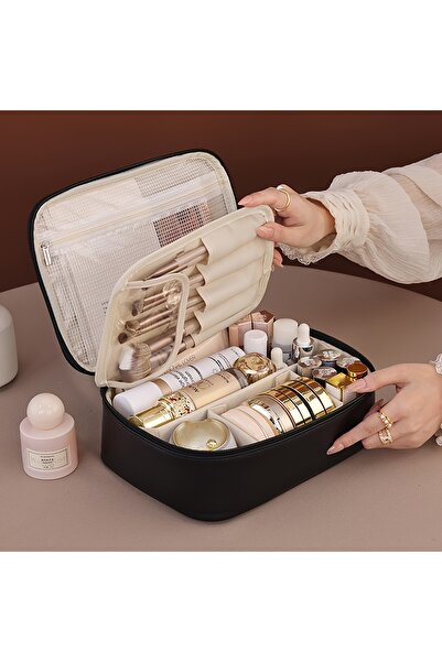 Choice1 black PU Leather Double Layer Makeup Bag Large Capacity Cosmetic Bags...