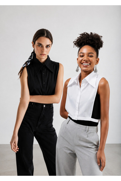 mirach Pack of 2 Pointed Shirt Collar Set Black and White Modern Cotton Styli...