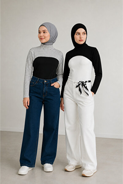 mirach 2’li Set Sade ve Çizgili Boyunluklu Kolluk Siyah Beyaz Body Uzunkollu Penye İçlik Kol
