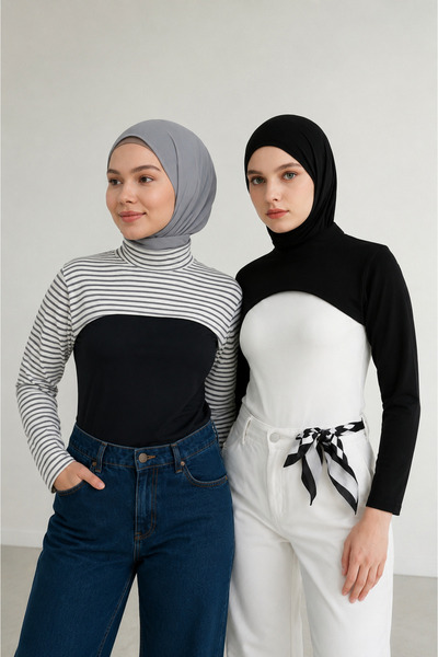 mirach Set of 2 Simple and Striped Neck Collar Sleeves Black and White Body L...