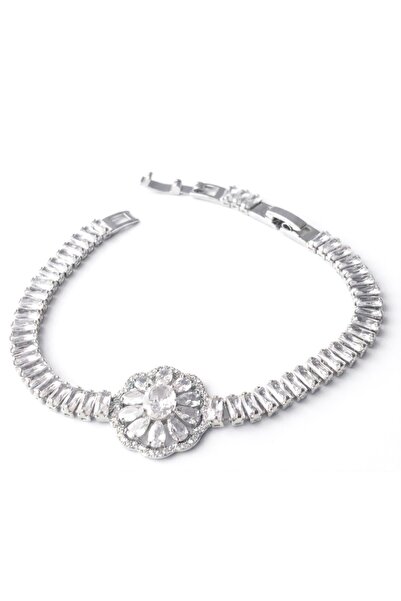 Siya Silver Baget Stone Floral Steel Waterway Bracelet - (17+2 cm)