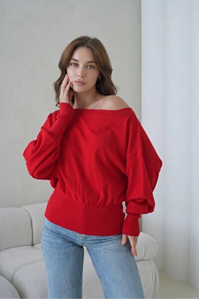 TUMA Women's Popular Asymmetrical Boat Neck Knitwear Sweater Red