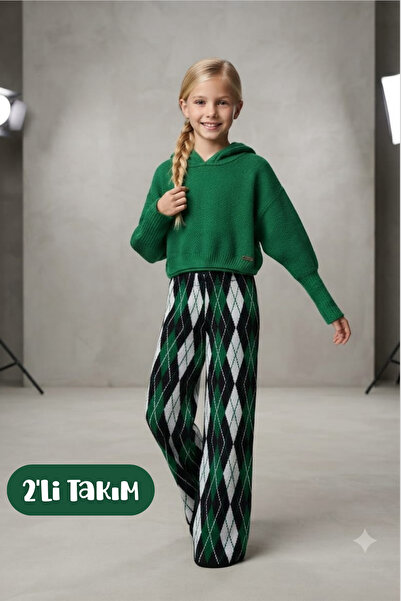 Hilal Akıncı Kids Girl's bat sleeve knitwear sweater diamond patterned pants ...