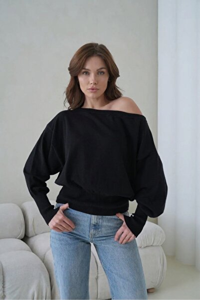 TUMA Women's Popular Asymmetrical Boat Neck Knitwear Sweater Black