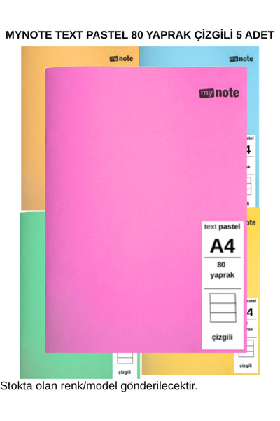 Mynote Text Pastel Notebook A4 80 Sheets Lined 5 Pieces