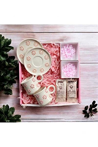 MARMORİ İKİLİ PEMBE KUŞ ÇİÇEK MOTİFLİ KAHVE FİNCAN TAKIMI MUMLU KAHVELİ HEDİY...