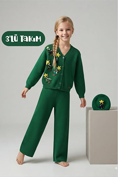 Hilal Akıncı Kids Girl's New Year Themed Knitwear Cardigan Beret Trousers 3-P...