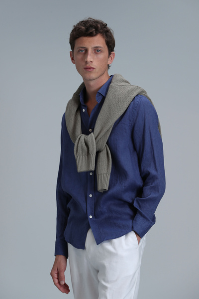 Lufian Pitaya Men's Linen Shirt Comfort Fit Cobalt Blue