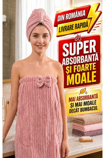 COLORFUL HOME Set Prosop de Baie și Turban Păr din Microfibră Tubulară Ultra-...