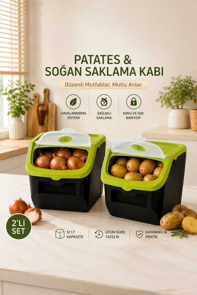 Porsima 1506 2'li Çok Amaçlı Plastik Patates Soğan Sebzelik Saklama Kutusu Ka...