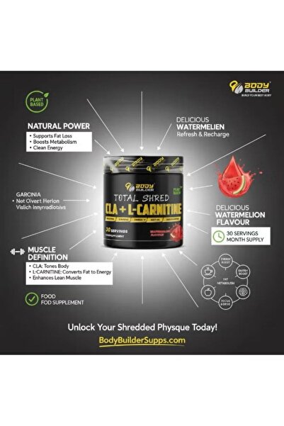 Body Builder توتال شريد سي إل إيه + إل-كارنيتين، بنكهة البطيخ، 30 حبة، دعم الطاقة والأداء مع سي إل إيه والقهوة الخضراء – خالٍ من السكر، مكمل ما قبل التمرين