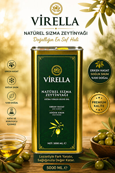 VİRELLA Natürel Sızma Zeytinyağı Soğuk Sıkım Erken Hasat 5 Litre Teneke
