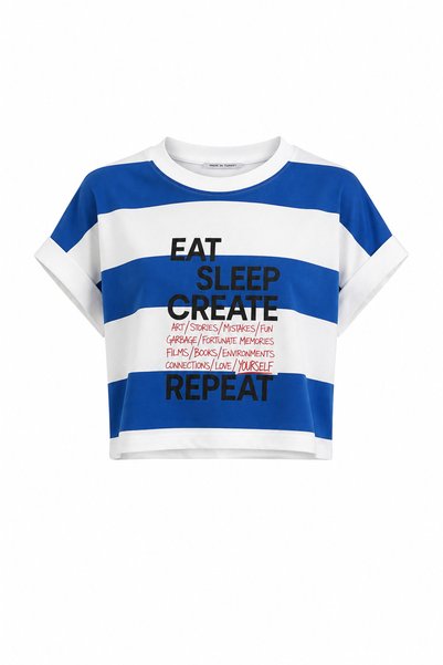 Zelish My Sister تي شيرت كبير الحجم مطبوع عليه Blue Striped Eat Sleap