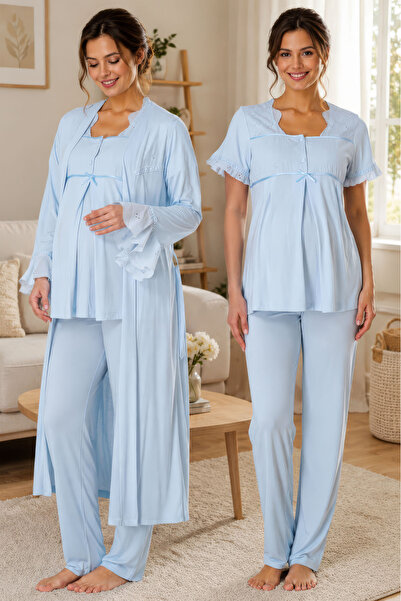 ByLohusa Adjustable Waist Elastic Short Sleeve Maternity Pajama Set with Dres...