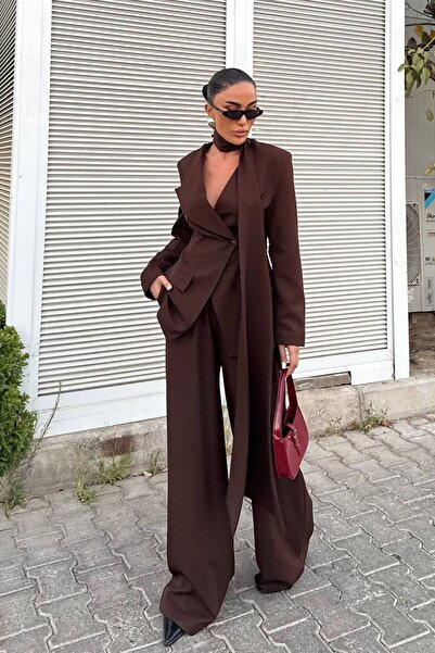 Ortaya Çık Coffee Shawl Detailed Waist-Fitted Jacket and Pants Women's Suit