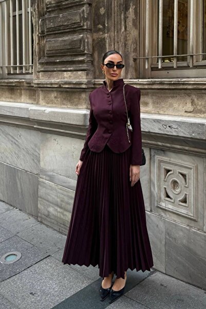 Ortaya Çık Burgundy Embroidery Detailed Jacket Pleated Skirt Women's Suit