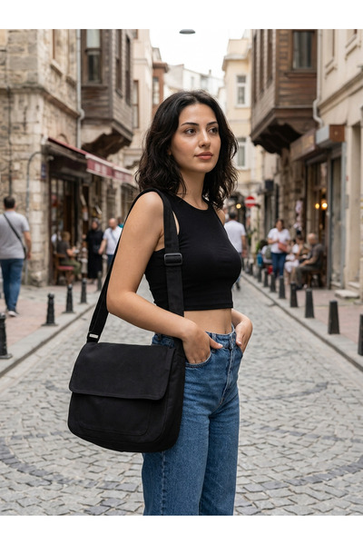 harmony factory Unisex Siyah Kanvas Postacı Çantası Kapaklı Ayarlanabilir Ask...